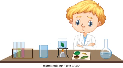Científico haciendo experimentos en ilustración de hojas