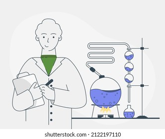 Scientist doing experiment surrounded by lab equipment vector illustration. Man in white coat