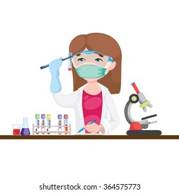 Scientist doing experiment surrounded by lab equipment .illustration, vector