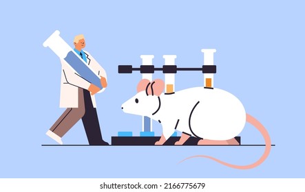Scientist Doing Experiments In Lab With Animal Veterinary Worker With Experimental Rat Biological Genetic Engineering Research