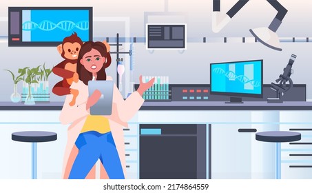 scientist doing experiments in lab veterinary worker with experimental monkey biological genetic engineering research