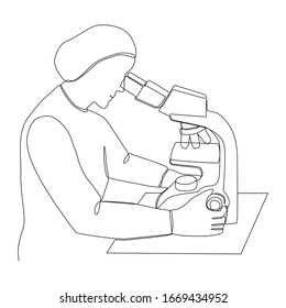 Scientist doing laboratory analysis one line drawing on white isolated background. Microbiologist conducts research using a microscope. Vector illustration 