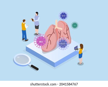 Scientist doing research coronavirus variant mutation on the human lung. isometric vector concept