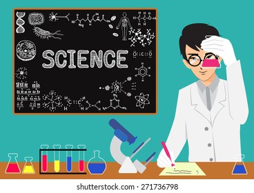 Scientist doing research in the laboratory with chalkboard background.