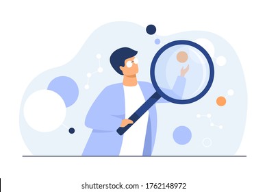 Scientist doing scientific research. Cartoon character using magnifying glass, studying neuron algorithms. Can be used for neuroscience, artificial intelligence, scientific technology concept