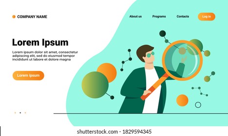 Scientist doing scientific research. Cartoon character using magnifying glass, studying neuron algorithms. Can be used for neuroscience, artificial intelligence, scientific technology concept