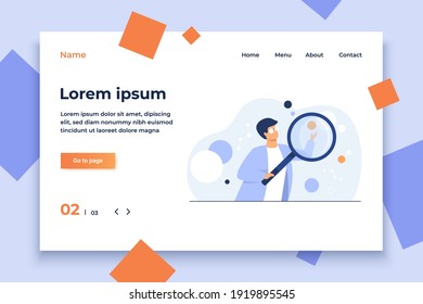 Scientist doing scientific research. Cartoon character using magnifying glass, studying neuron algorithms. Can be used for neuroscience, artificial intelligence, scientific technology concept