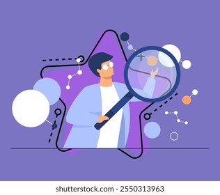 Scientist doing scientific research. Cartoon character using magnifying glass, studying neuron algorithms. Can be used for neuroscience, artificial intelligence, scientific technology concept