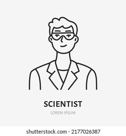 Scientist doodle line icon. Vector thin outline illustration of physicist in glass. Black color linear sign for professional specialist