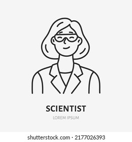 Scientist Doodle Line Icon. Vector Thin Outline Illustration Of Physicist In Glass. Black Color Linear Sign For Professional Woman Specialist