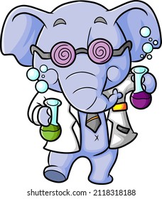 The scientist elephant is holding the beaker glass of illustration
