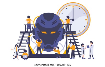 Scientist and engineer building and manufacturing a robot. Teamwork of futuristic and modern industry technology. Business flat digital illustration. Artificial intelligence technology in cartoon.