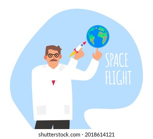 scientist engineer holding earth planet and rocket spaceship space flight vector illustration