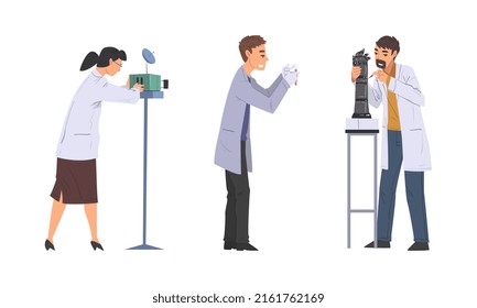 Scientist, engineer or programmer in white coats doing scientific researches with laboratory equipment cartoon vector illustration