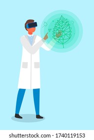 Scientist or engineer using virtual reality glasses for looking structure of green leaf. Dna of natural object in virtual world. Laboratory assistant using modern technology for exploring nature