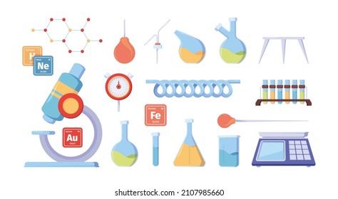 Scientist equipment. Chemical laboratory equipment medical exploration workplace items garish vector flat pictures collection