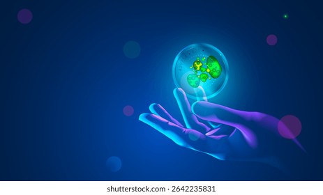A scientist examines a colony of bacteria in a petri dish. The microbiologist gloved hand holds a close-up glass tube with samples of green bacteria. Microbiological and chemical laboratory tests.