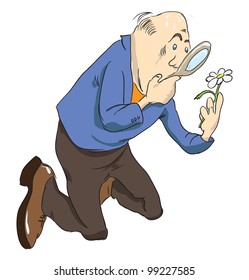 A scientist examines a daisy with a magnifying glass. Vector illustration.