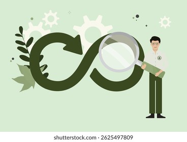 Scientist Examining Circular Economy with Magnifying Glass. researcher studying an infinity-shaped recycling symbol with gears and botanical elements. Flat style. Vector illustration