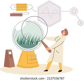 Scientist examining plant species using magnifying glass. Eco friendly technology, research on environmental protection. Ecologist conduct research in biological laboratory, take care of nature
