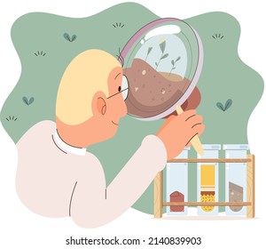 Scientist examining plant species using magnifying glass. Eco friendly technology, research on environmental protection. Ecologist conduct research in biological laboratory, take care of nature