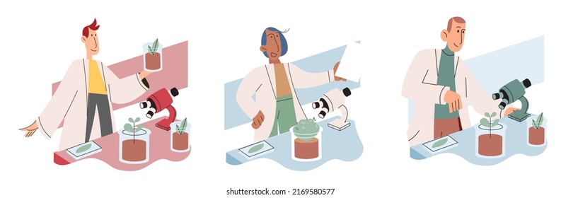 Scientist examining plant species using laboratory microscope. Eco friendly technology research on environmental protection. Ecologist studying botany in ecological biological lab takes care of nature