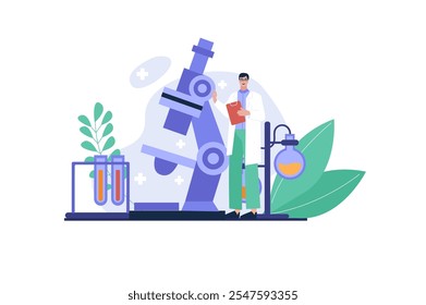 Un científico está examinando muestras usando un microscopio rodeado de tubos de ensayo y plantas. Ilustración vectorial