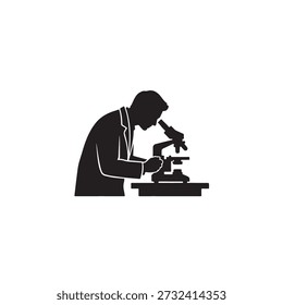 Scientist examining specimen with microscope in laboratory setting, conducting research, and analyzing data, wearing lab coat, focused on discovery, and exploring microscopic world.