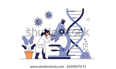 Scientist examining viruses and DNA structure under a microscope in a laboratory setting conducting research