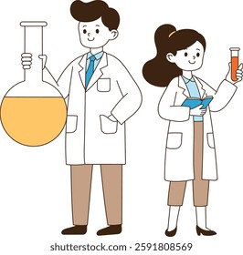 The scientist is experimenting with flasks and test tubes. minimal line art vector illustration.