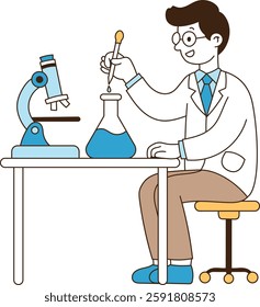 The scientist is experimenting with flasks and test tubes. minimal line art vector illustration.