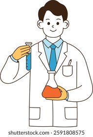 The scientist is experimenting with flasks and test tubes. minimal line art vector illustration.