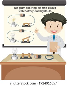 Scientist explaining electric circuit with battery and lightbulb illustration
