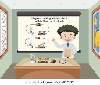 Scientist explaining electric circuit with battery and lightbulb illustration