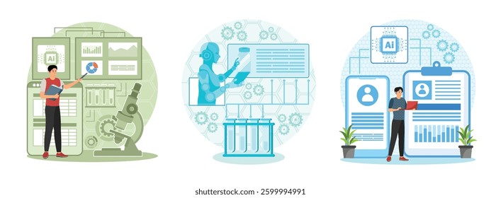 Scientist explaining research data and AI-Powered With a microscope and analytical charts. Futuristic Robotic Research Laboratory. Artificial intelligence evaluating user profiles. Set flat vector 