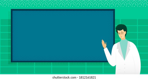 Scientist explaining research on blackboard in lab illustration. Man working in medical laboratory. Innovation teamwork vector. Chemist talking about chemical experiment test.