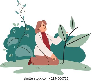 Scientist Explores Vegetable Life And Plants In Nature. Biologist In Forest, Green Pharmacy Pharmacist Collecting Samples. Explorer Conducts Experiments Takes Care Of Ecology And Endangered Green Herb