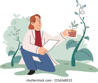 Scientist explores vegetable life and plants in nature. Biologists in forest studying biological species and environment. Explorer conducts experiments takes care of ecology and endangered green herb