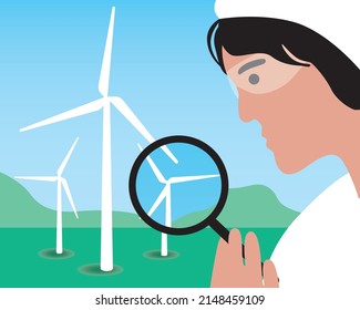 Un científico explora los molinos de viento como una potencia alternativa. Ilustración de material vectorial plano. Ciencia para la investigación del cambio climático y la energía renovable