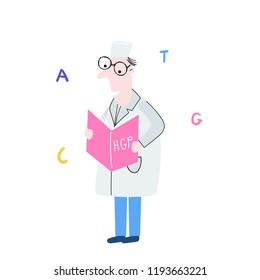 Scientist exploring DNA structure. Hand drawn genome sequencing concept made in vector. Human genome project.