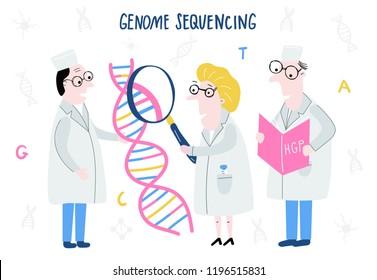 Scientist exploring DNA structure. Hand drawn genome sequencing concept made in vector. Human genome project.