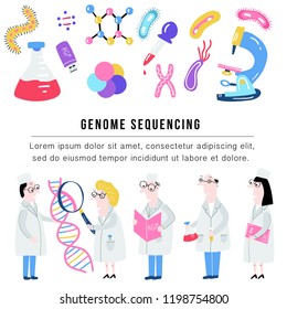 Scientist exploring DNA structure. Hand drawn genome sequencing concept made in vector. Human genome project.