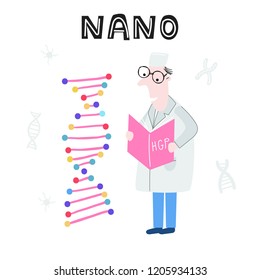 Scientist exploring DNA structure. Hand drawn genome sequencing concept made in vector. Human genome project.