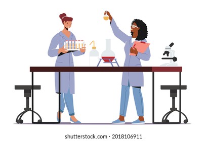 Scientist Female Characters in Coat Conduct Experiment in Scientific Laboratory. Women Chemists Conduct Investigation, Researcher in Chemical or Biochemical Lab, Science. Cartoon Vector Illustration