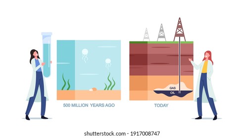 Scientist Female Characters Presenting Oil and Gas Natural Formation Infographics from Million Years Ago to Today. Drilling Process Get Fossil Resource Time Line. Cartoon People Vector Illustration