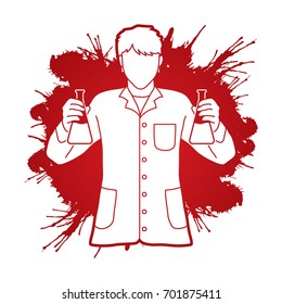 Scientist with flask chemical designed on splatter blood background graphic vector