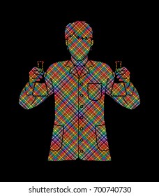 Scientist with flask chemical designed using colorful pixels graphic vector