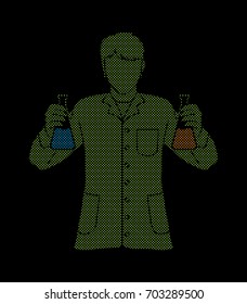 Scientist with flask chemical designed using dots pixels graphic vector