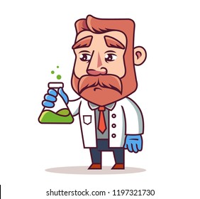 a scientist with a flask in his hands. bearded man in a white coat. vector illustration