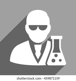 Scientist With Flask long shadow vector icon. Style is a flat scientist with flask white iconic symbol on a gray square background.